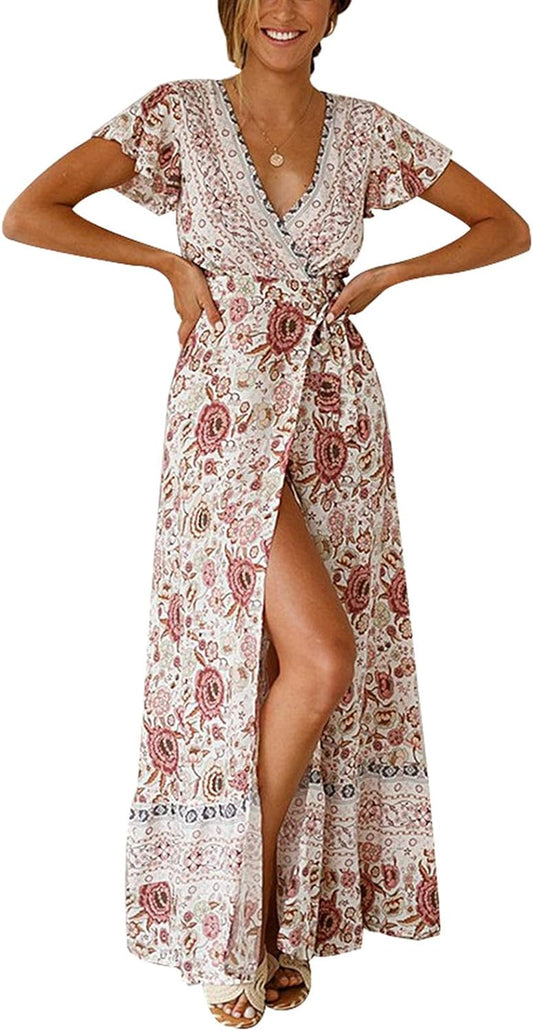 Womens Boho Wrap Dresses: Women Summer Maxi Midi Beach Bohemian Floral Dress Short Sleeve V-Neck Casual Size S-XL