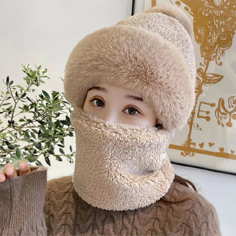 New Winter Warm Hat Scarf Set for Women Lady Soft Plush Fleece Pompom Beanies Pullover Caps Mask Casual Outdoor Faux Fur Bonnet