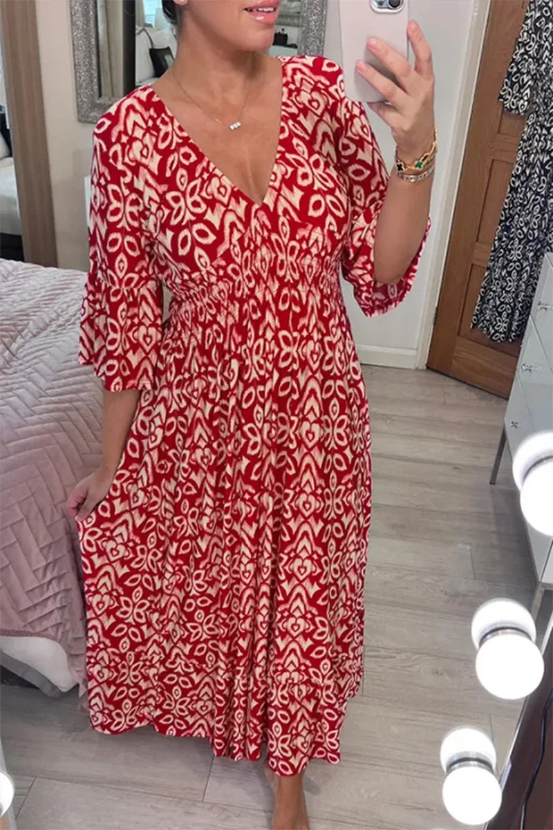 2024 Summer Bohemian Casual V-Neck Floral Dress Women Wrap Summerelegant Beach Clothes Holiday Elegant Lady Loose Beach Dresses