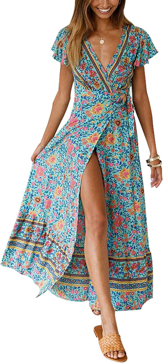 Womens Boho Wrap Dresses: Women Summer Maxi Midi Beach Bohemian Floral Dress Short Sleeve V-Neck Casual Size S-XL