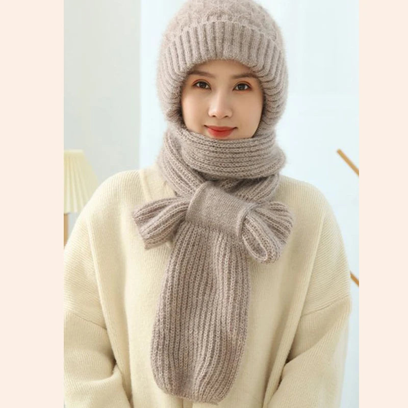 Plush Hat and Scarf All in One Knitted Women Winter Warm Hat Scarf Thickened Hooded Ear Protection Outdoor Ski Female Beanie Cap