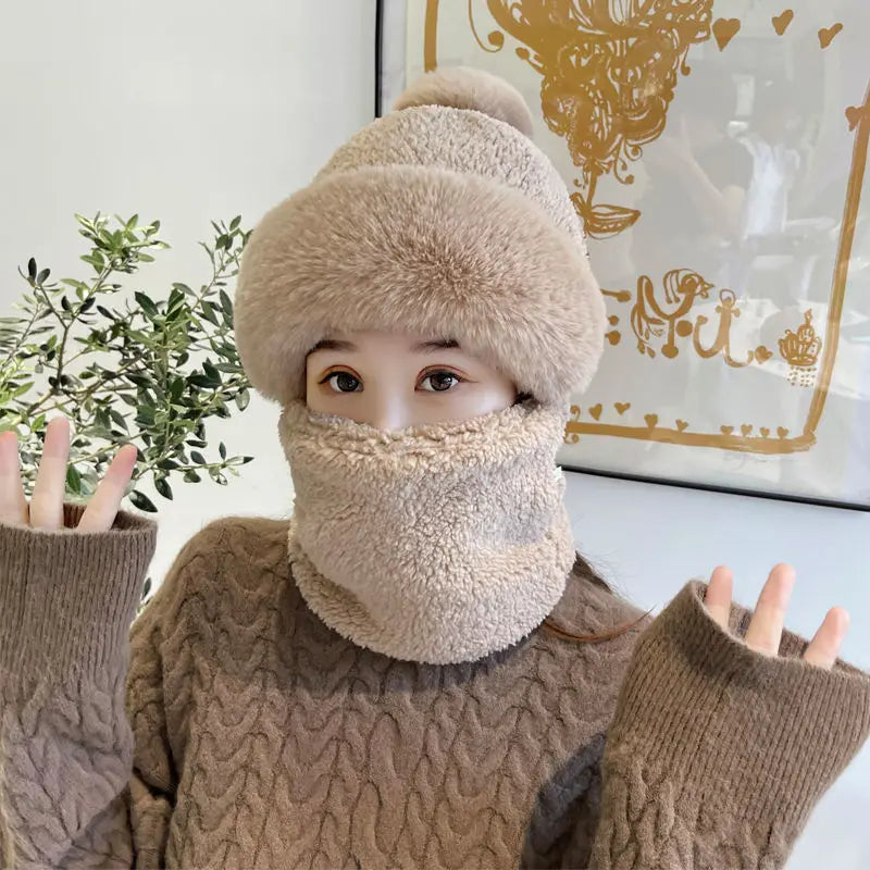 New Winter Warm Hat Scarf Set for Women Lady Soft Plush Fleece Pompom Beanies Pullover Caps Mask Casual Outdoor Faux Fur Bonnet