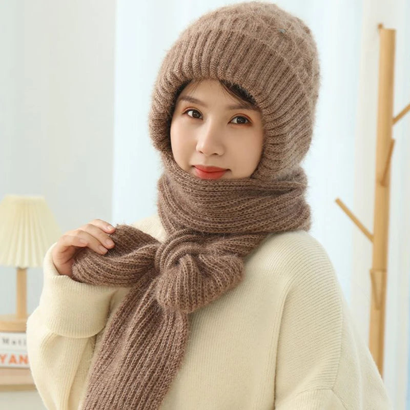 Plush Hat and Scarf All in One Knitted Women Winter Warm Hat Scarf Thickened Hooded Ear Protection Outdoor Ski Female Beanie Cap