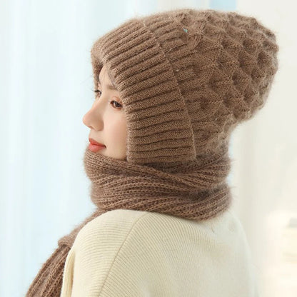 Plush Hat and Scarf All in One Knitted Women Winter Warm Hat Scarf Thickened Hooded Ear Protection Outdoor Ski Female Beanie Cap