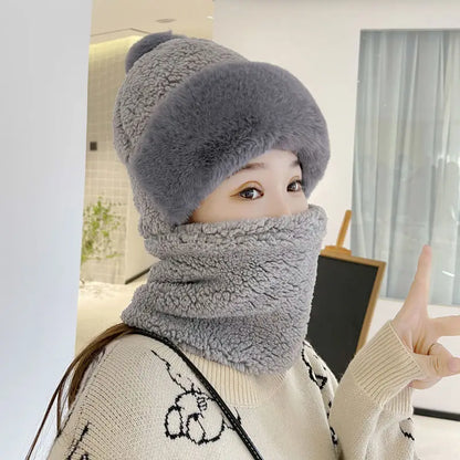 New Winter Warm Hat Scarf Set for Women Lady Soft Plush Fleece Pompom Beanies Pullover Caps Mask Casual Outdoor Faux Fur Bonnet