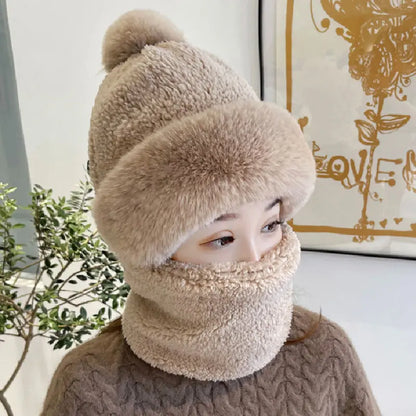 New Winter Warm Hat Scarf Set for Women Lady Soft Plush Fleece Pompom Beanies Pullover Caps Mask Casual Outdoor Faux Fur Bonnet